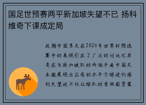 国足世预赛两平新加坡失望不已 扬科维奇下课成定局 国足世预赛两平新加坡失望不已 扬科维奇下课成定局