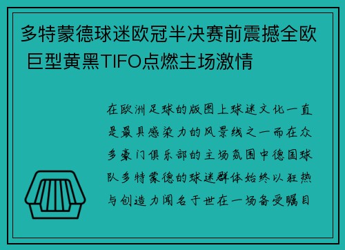 多特蒙德球迷欧冠半决赛前震撼全欧 巨型黄黑TIFO点燃主场激情