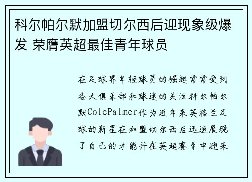 科尔帕尔默加盟切尔西后迎现象级爆发 荣膺英超最佳青年球员 科尔帕尔默加盟切尔西后迎现象级爆发 荣膺英超最佳青年球员